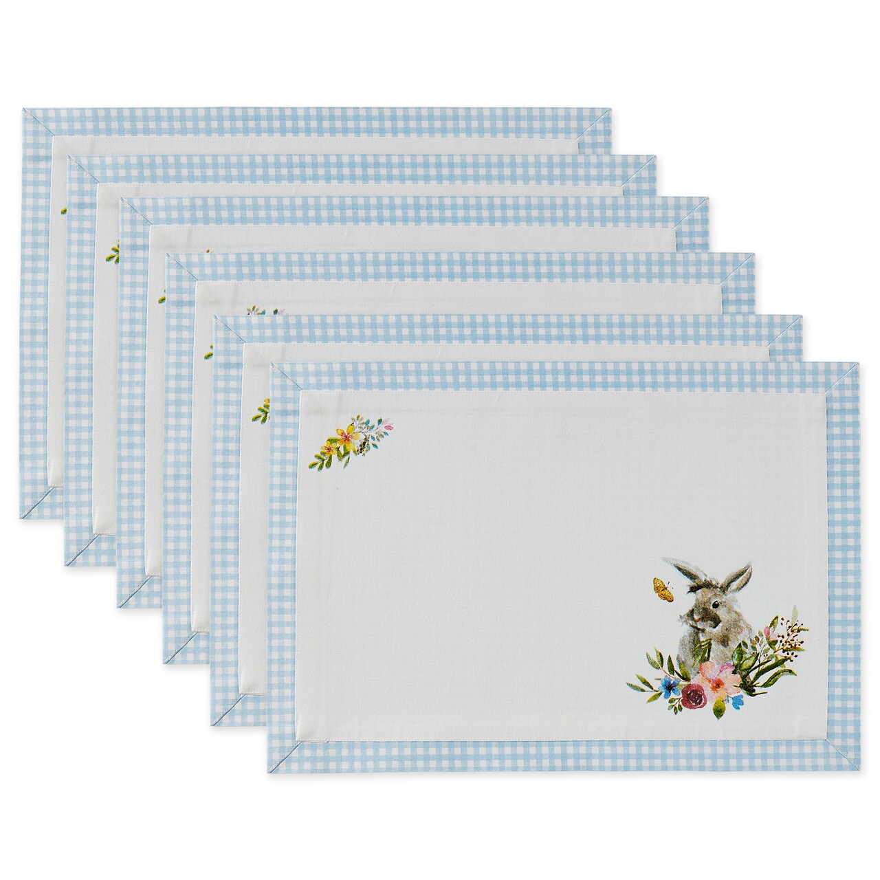 Contemporary Home Living Floral Bunny Plaid Spring Placemats - 19" - White and Sky Blue - Set of 6